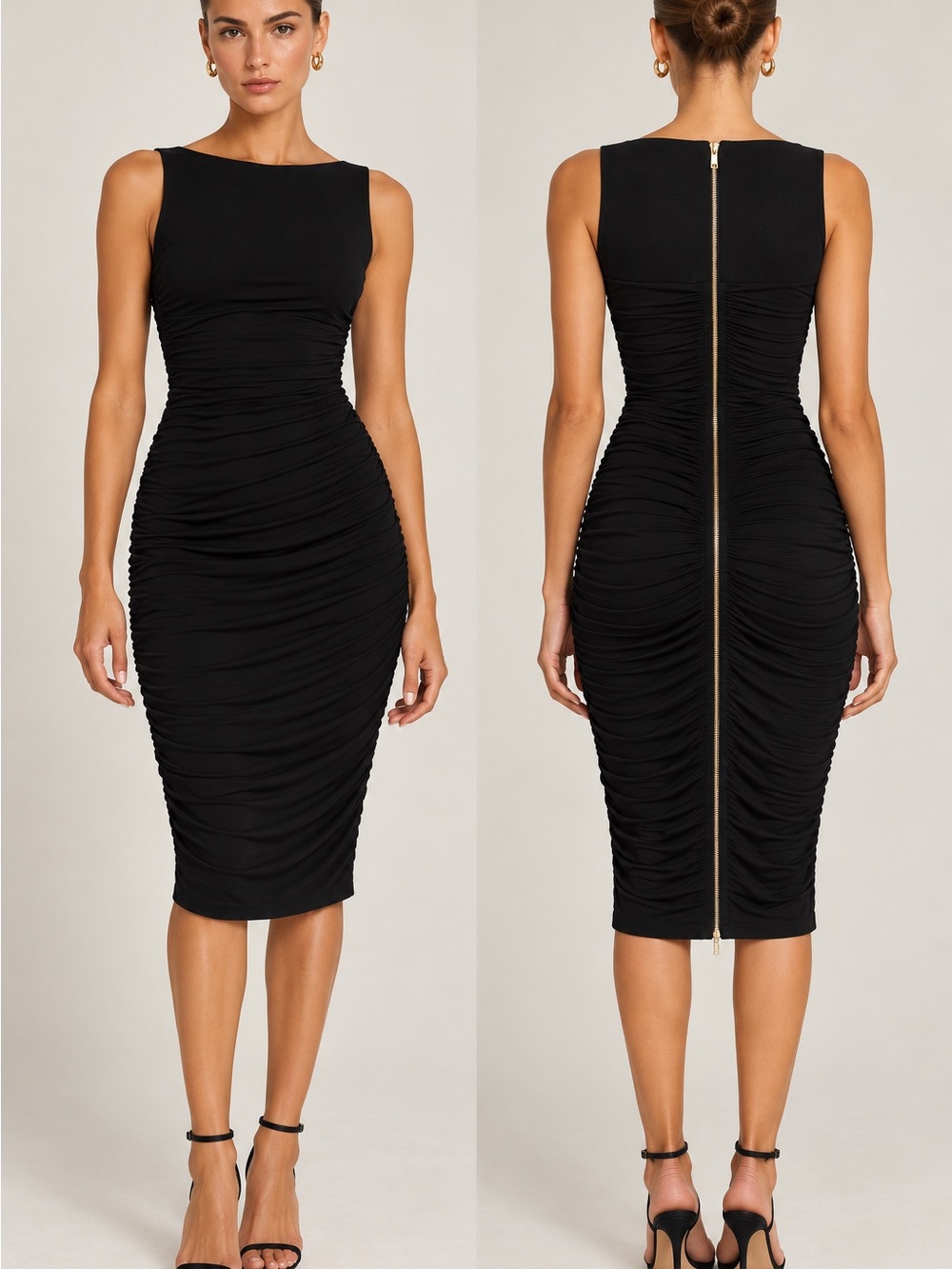 Marciano Sleek Black Ruched Midi Dress with Back Zip